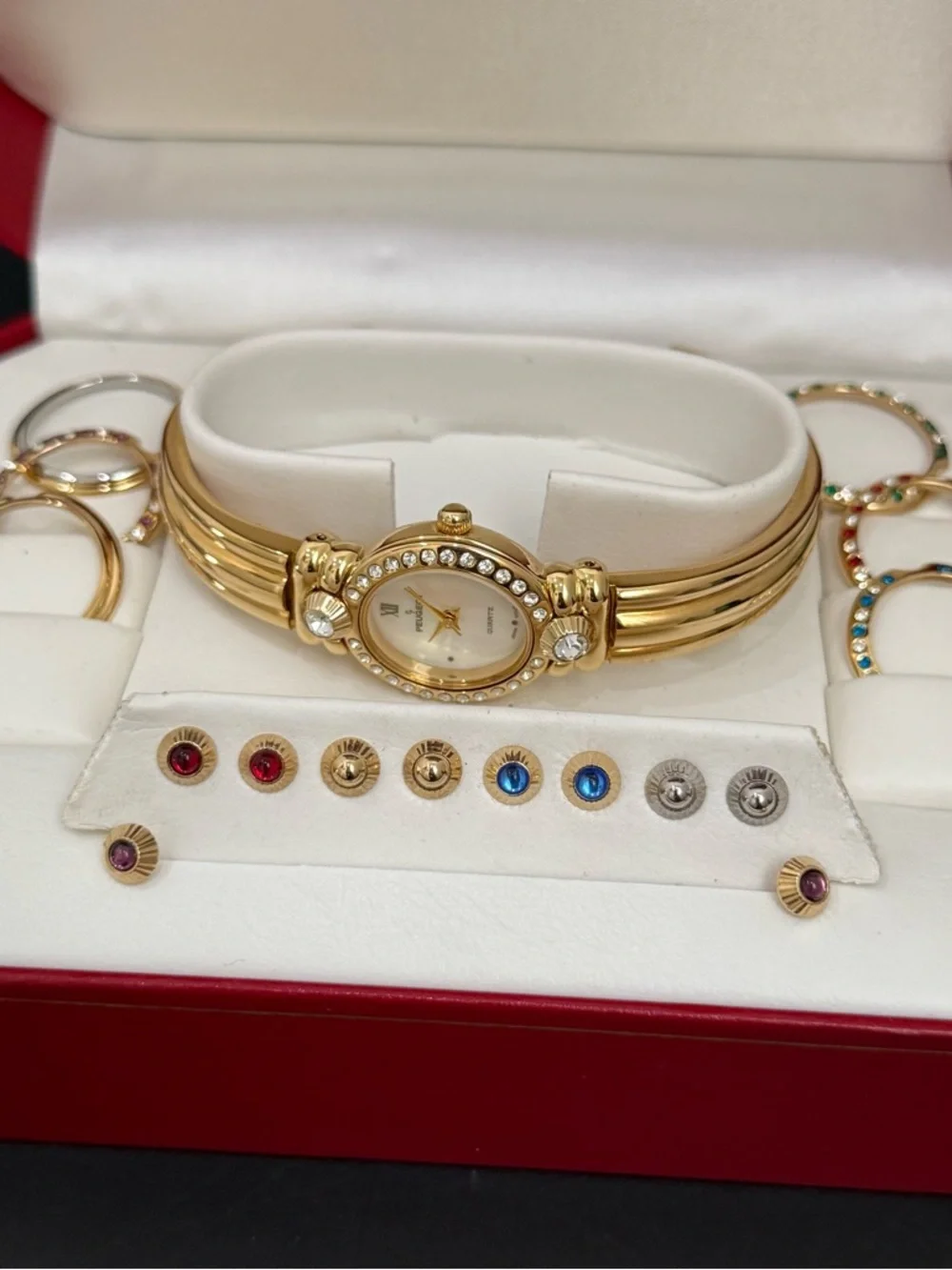 Vintage PEUGEOT Gold-tone Interchangeable Bezels & Studs Rhinestones Watch - Picture 3 of 13